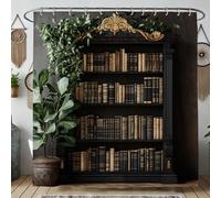 Elegante cortina de ducha para estantería, decoración literaria vintage negra y dorada para baño, diseño clásico de otoño e invierno, juego de cortinas de tela impermeable con ganchos, 72 x 72