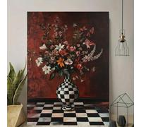 Elegante cuadro de naturaleza muerta floral con jarrón y suelo a cuadros - Lámina botánica vintage para salón (30x45cm/Marco interior)