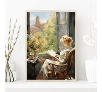 Elegante cuadro vintage de una dama leyendo un libro, impreso en lienzo, póster para decoración de pared en sala de estar moderna (80x120 cm/sin marco)