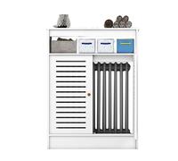 Elegante cubierta de radiador de madera con rejilla de listones y estante, protector térmico que ahorra espacio y organizador de almacenamiento con 2 puertas para decoración de sala de estar y baño