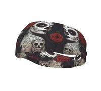 Elegante diadema deportiva con diseño impreso de calavera y huesos cruzados, adecuada para correr, fitness y senderismo