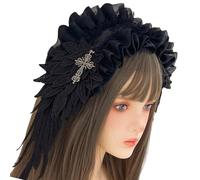 Elegante diadema gótica negra con intrincados patrones de encaje y cruces de metal ornamentadas, accesorio gótico para el cabello