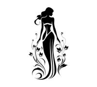 Elegante diseño de emblema floral de cuerpo completo con elegante armonía floral para mujer, perfil de mujer con flores. Calcomanías de pared de PVC 34x62cm Pintura mural artística Negro