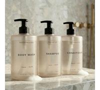 Elegante dispensador de champú y acondicionador, juego de 3 botellas de jabón de ducha modernas de 591 ml con bomba y etiquetas, dispensadores de lavado corporal fáciles de rellenar para una