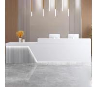 Elegante escritorio de recepción con almacenamiento, moderna mesa de salón y oficina, iluminación suave para supermercados, tiendas de ropa y restaurantes, acabado blanco y gris claro