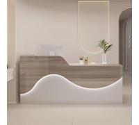 Elegante escritorio de recepción con cajones, mesa de oficina moderna con tiras de madera diseñada para pequeñas empresas, elegante mueble de vestíbulo blanco