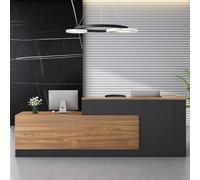 Elegante escritorio de recepción en forma de L con cajón para teclado, muebles de oficina modernos, mostrador de recepción compuesto de madera para negocios y espacios minoristas