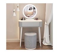 Elegante escritorio de tocador gris con espejo y taburetes de terciopelo, mesa de maquillaje para oficina en casa y espacio de trabajo para laptop, mueble moderno de tocador