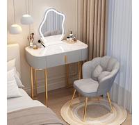 Elegante escritorio gris con luces y espejo, mesa de maquillaje de madera con cajones, tocador compacto para dormitorio, diseño moderno con patas de hierro, 3 opciones de color