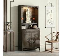 Elegante gabinete de altar de bambú con almacenamiento - Nicho compacto de Buda chino for prácticas espirituales y decoración del hogar(Single-layer Fence Door)