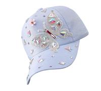 Elegante gorra de béisbol con diamantes de imitación para mujer con mariposa brillante y visera de pato protectora solar para uso diario, azul claro, Talla única