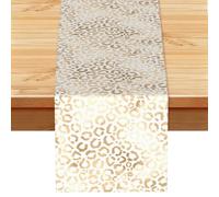 Elegante Guepardo Leopardo Blanco Dorado,Camino de Mesa de Lino sintético para el hogar, Fiestas, comedores, 33 x 183 cm