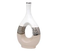 Elegante jarrón Decorativo de cerámica Ovalado con Agujero en Capuchino/Plata/Blanco. Dimensiones: 18 x 9 x 33,5 cm.
