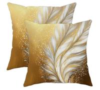 Elegante juego de 2 fundas de cojín de plumas doradas, fundas de cojín blancas y doradas, almohadas cuadradas decorativas de lujo para sofá, decoración del hogar, 26 x 26 pulgadas