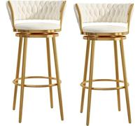 Elegante juego de 2 taburetes de bar giratorios de terciopelo de lujo con parte trasera curvada tejida y patas de metal dorado y reposapiés, sillas de altura para el hogar, bar o isla de cocina, color