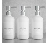 Elegante Juego de 3 dispensadores de champú y acondicionador para Ducha de 621,44 ml con Bomba y Etiquetas fáciles de Rellenar, Color Blanco