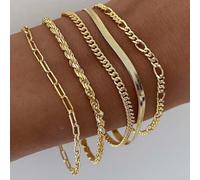 Elegante juego de 5 pulseras de cadena de metal bohemio con diseño único hecho a mano (oro)