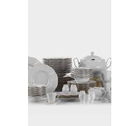 Elegante juego de comedor de 83 piezas, 100% porcelana, blanco y dorado, incluye platos, cuencos, tazas y más, perfecto para ocasiones especiales