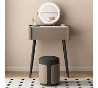 Elegante juego de maquillaje marrón con espejo giratorio y taburete acolchado, diseño compacto de 80 cm, superficie de cuero de microfibra duradera, patas de metal, mesa de tocador ideal para espacios