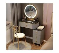 Elegante juego de mesa de maquillaje compacta con espejo y silla, tocador que ahorra espacio para dormitorios pequeños, tocador gris para decoración elegante del hogar