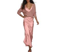 Elegante juego de moda de punto de dos piezas compuesto por una parte superior monocromática y un vestido de satén en estilo listo para mujer, perfecto para el día a día, ocio, citas, fiestas, Rosa