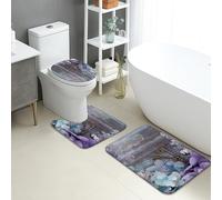 Elegante juego de tapetes de baño de 3 piezas, diseño floral violeta vintage, absorbentes, antideslizantes, en forma de U, lavables, decorativos de primavera, de franela, de secado rápido
