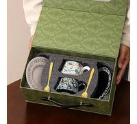 Elegante juego de tazas de café de cerámica de 10 onzas con caja de regalo, 2 tazas + 2 platillos + 2 cucharas, juego de tazas de té retro para regalo de San Valentín, regalo elegante para parejas