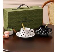 Elegante juego de tazas de café de cerámica de 10 onzas con caja de regalo, 2 tazas + 2 platillos + 2 cucharas, juego de tazas de té de la tarde con lunares franceses para regalo de San Valentín
