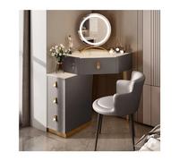 Elegante juego de tocador esquinero de madera gris de 80 cm con espejo y taburete, tocador de maquillaje con cajones, muebles de dormitorio elegantes para aseo y belleza.