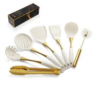 Elegante juego de utensilios de cocina de silicona dorada, no tóxicos, aptos para lavavajillas, con asas ergonómicas cómodas y detalles elegantes de acero inoxidable dorado para cocina familiar (oro