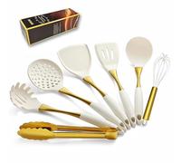 Elegante juego de utensilios de cocina de silicona dorada, no tóxicos, aptos para lavavajillas, con asas ergonómicas cómodas y detalles elegantes de acero inoxidable dorado para cocina familiar (oro