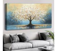 Elegante lienzo de bosque dorado para pared: paisaje otoñal con tonos azul dorado, decoración horizontal para sala de estar (65 x 125 cm/26 x 49 pulgadas)