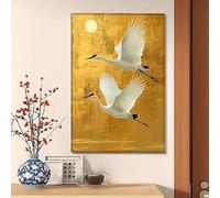 Elegante lienzo decorativo de grulla blanca con fondo dorado, estilo chino, pintura decorativa y tranquila (70 x 100 cm, sin marco)