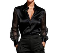 Elegante, Locker geschnittene Satinbluse mit Langen Ärmeln für den Herbst - Ein vielseitiges, einfarbiges Oberteil in Unifarben., negro, XL