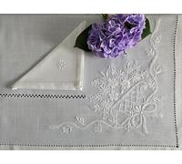 Elegante mantel de 12 plazas de mezcla de lino con bordado a mano blanco