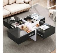Elegante mesa de centro brillante de 70 x 70 x 35 cm, diseño en blanco y negro, compartimento de almacenamiento integrado y 4 cajones resistentes, carga máxima de 30 kg, mesa de centro cuadrada