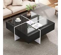 Elegante mesa de centro brillante de 70 x 70 x 35 cm, diseño en blanco y negro, compartimento de almacenamiento integrado y 4 cajones resistentes, carga máxima de 30 kg, mesa de centro cuadrada
