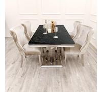 Elegante mesa de comedor de 1,8 m con base de pedestal de doble espejo, disponible en mármol negro o cristal para 6 asientos cómodos