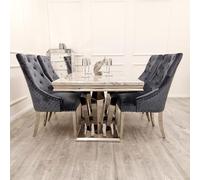 Elegante mesa de comedor de 1,8 m con base de pedestal de doble espejo, disponible en mármol o cristal, 6 asientos superiores de mármol gris claro