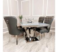 Elegante mesa de comedor de 1,8 m con base de pedestal de doble espejo para 6 personas, disponible en cristal gris o parte superior de mármol