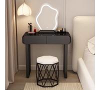 Elegante mesa de maquillaje con luces LED y espejo, vidrio templado negro, escritorio compacto de 80 x 40 x 78 cm con silla y taburete anidable para dormitorio y estudio