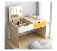 Elegante mesa de tocador 2 en 1 con espejo plegable y mini escritorio de escritura, mesa de maquillaje con cajones, elegante acabado natural (Natural B)