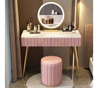 Elegante mesa de tocador de maquillaje con espejo iluminado por LED, taburete tapizado de 3 colores, elegante escritorio de dormitorio de madera maciza para mujer (rosa, 100 cm)