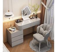 Elegante mesa de tocador de maquillaje con espejo LED de nube, taburete tapizado gris, estación de vestidor simple para dormitorio, 80 cm, perfecta para decoración glamurosa del hogar.