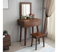 Elegante mesa de tocador de nogal con espejo tapizado, taburete y cajón, elegante escritorio de maquillaje para dormitorio, mesa de tocador compacta de 60 x 40 x 75 cm