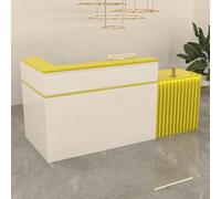 Elegante mostrador de recepción de salón blanco y amarillo, escritorio moderno de 140 cm para salones de belleza y peluquería, elegante estación de servicio al cliente