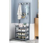 Elegante mueble de entrada 3 en 1: exquisito perchero de 4 niveles y banco con ganchos dobles, almacenamiento independiente de madera gris para pasillo y vestíbulo