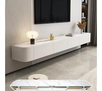 Elegante mueble de TV flotante de pared de madera maciza con 2 cajones, estante de almacenamiento de 200 cm para sala de estar o dormitorio, muebles de TV elegantes para hogares modernos