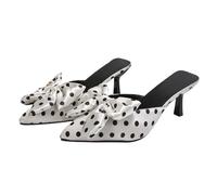 Elegante mujer Bowknot de satén zapatos de verano tacón alto sandalias y mulas zapatillas de mujer elegantes punta puntiaguda zapatos vestidos de lunares moda chic para oficina velada cómodos, blanco