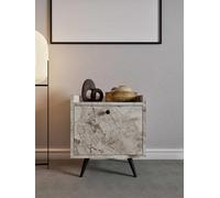 Elegante Nightstand with Ephesus Marble Finish, 50 cm W x 55 cm H x 40 cm D | 100% Melamine Coated, PU Leather Handle, Wooden Legs, Multiple Shelves